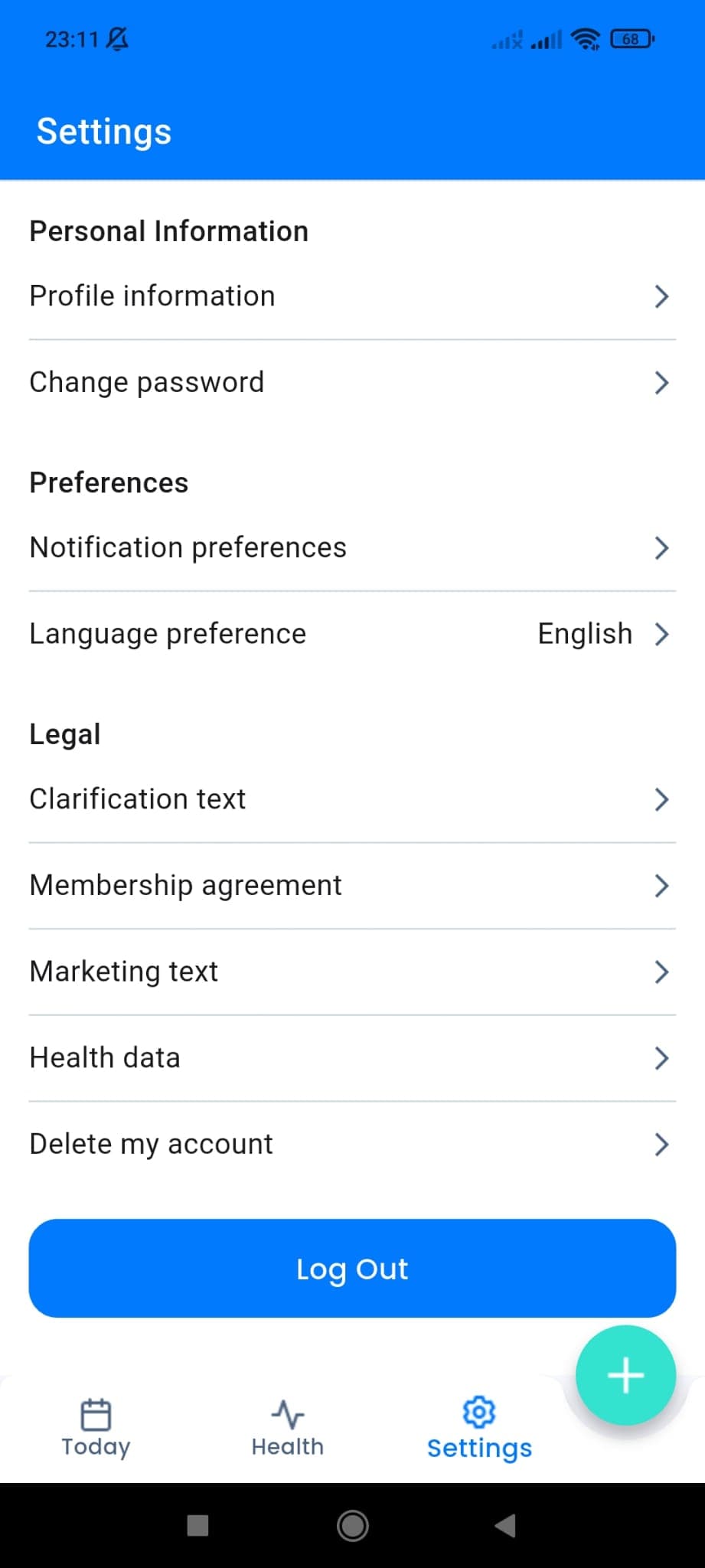 App settings screen showing the delete account option