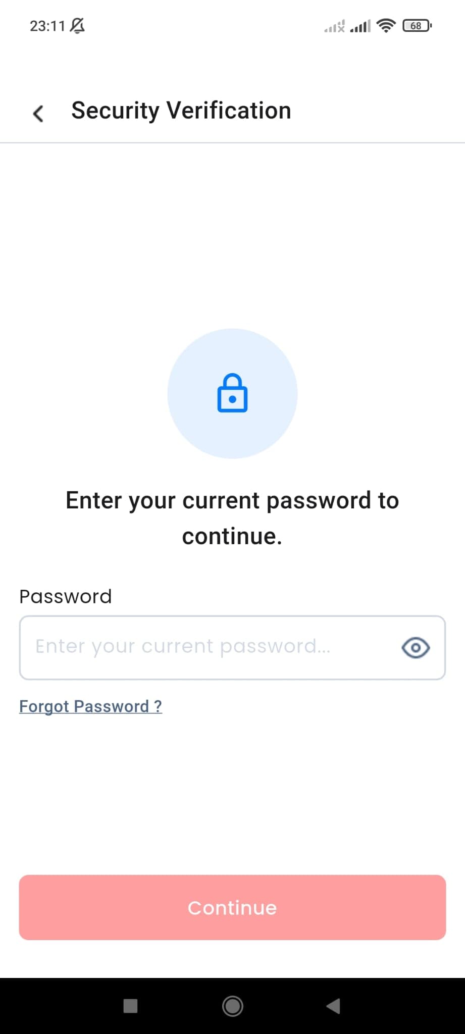 Password verification screen before deleting the account