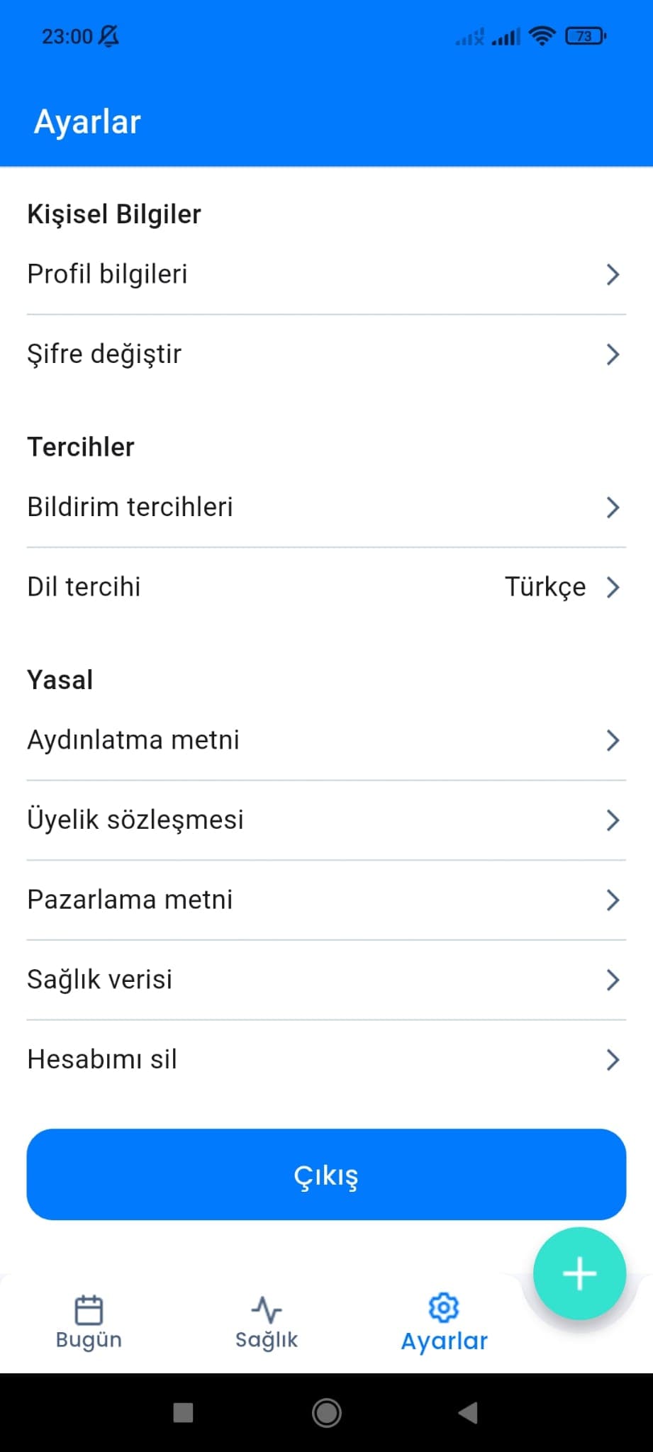 Ayarlar ekranında Hesabimi sil secenegini gosteren Turkce uygulama ekran goruntusu